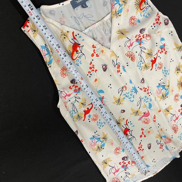 ~ ModCloth Sm Blouse Sleeveless Vneck Floral/Dinos/UFOs/Planets/Rockets Ltweight - Picture 6 of 14